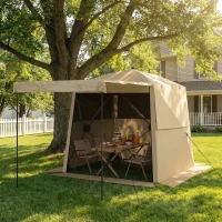 Outsunny Pop Up Gazebo Waterproof Instant Shelter with Awning Mesh Windows for Camping Patio 2 x 2 m, Khaki(m-2)