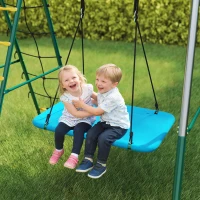 AIYAPLAY Structure de balançoire 5-en-1 avec balançoire-nid réglable anneaux de gymnastique double siège portique d'escalade pour 3-8 ans 440x175x203 cm(m-5)