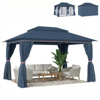 Outsunny 3 x 4 m Outdoor Garden Gazebo with Netting and Curtains, UPF50+ Patio Gazebo Permanent Pavilion Canopy, Dark Blue(m-10)
