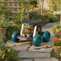 Outsunny Sedile da giardino su ruote con vassoio porta attrezzi, 50x49x32 cm, Verde scuro(m-4)