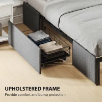 HOMCOM Cadru Pat Dublu cu Șipci și 3 Sertare, din Lemn, Poliester și Metal, 165x193x30 cm, Gri(m-7)