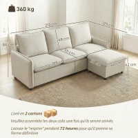HOMCOM Sofá 3 plazas con puf con almacenamiento, sofá esquinero modular 212 cm, cojines con muelles, tejido de lino, crema(m-3)