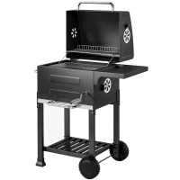 Outsunny Portable Charcoal Grill with Stainless Steel Grates Side Shelf Thermometer Ash Pan and Wheels Black(m-7)