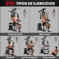 HOMCOM Máquina de Musculación con Pesas Ajustables de 65 kg Prensa de Pecho y Piernas Polea 135x103x210 cm Negro(m-4)