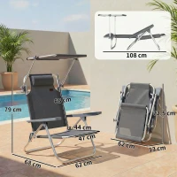 Outsunny Transat pliant lit de jardin avec coussin toit réglable dossier réglable 6 positions 62 x 68 x 79 cm gris foncé(m-3)