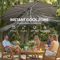 Outsunny 3 m Garden Cantilever Parasol with LED Solar Light, Round Overhanging Umbrella with 360° Rotation, Cover, Grey(m-5)