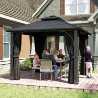 Outsunny 2.5 x 2.5 m Hardtop Gazebo Canopy with 7mm PC Roof, Garden Gazebo Permanent Pavilion with Netting, Curtains, Dark Grey(m-2)