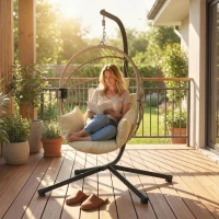 Outsunny Sillón Huevo Colgante, Silla Hamaca Balancín Interior y Exterior, Cesta Plegable, Cojín Acolchado, Caqui(m-5)