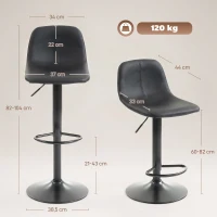 HOMCOM Lote de 2 taburetes de bar, sillas de bar altura regulable, respaldo y reposapiés, giratorio 360°, patas de acero, negro(m-3)