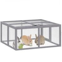 PawHut Adăpost pentru iepuri exterior Țarc pliabil din lemn Acoperiș rabatabil și mâner pentru găini și rațe 110x105x50cm Gri(m-8)
