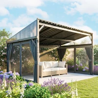 Outsunny 4.3 x 3 m Garden Pergola with Galvanised Steel Roof, Lean to Pergola Gazebo with Netting Curtains, Dark Grey(m-9)