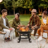 Outsunny Outdoor Fire Pit, Firepit with Mesh Lid, Poker, for Camping, Bonfire, Picnic, Black(m-2)