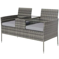 Outsunny Panchina da Esterno 2 Posti con Tavolino da Caffè, in Acciaio e Rattan PE, 137x59x82 cm, Grigio(m-10)