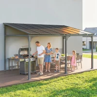 Outsunny 4 x 3 m Metal Lean-to Pergola, Wall-Mounted Garden Pergola with Polycarbonate Roof and Metal-Aluminium Frame, Heavy Duty Hardtop Gazebo for Outdoor Patios, BBQ, Brown(m-9)