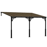 Outsunny 4 x 3 m Metal Lean-to Pergola, Wall-Mounted Garden Pergola with Polycarbonate Roof and Metal-Aluminium Frame, Heavy Duty Hardtop Gazebo for Outdoor Patios, BBQ, Brown(m-1)