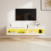 HOMCOM mueble TV, mueble TV suspendido con iluminación LED RGB en 16 colores, mueble para TV con almacenamiento abierto, para televisores de 140-152 cm, para salón, dormitorio, 140 x 40 x 30 cm, blanco brillante(m-4)