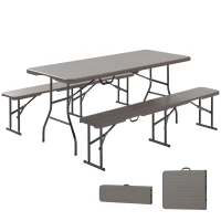 Outsunny Conjunto de Camping Plegable de Mesa y Bancos Imitación Madera para Exterior 180x74x74 cm y 182x28x42 cm Marrón(m-10)