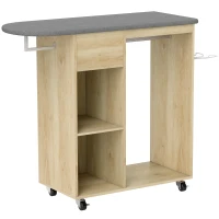 HOMCOM Armadio da Stiro in Legno con Ruote, Barra Appendiabiti e Ripiano, 125x43,5x102,5 cm, Legno Naturale(m-1)