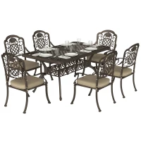 Outsunny Garden Dining Set for 6, Cast Aluminium Outdoor Table and Chairs Set with Cushions, Parasol Hole for Patio, Bronze Tone(m-11)