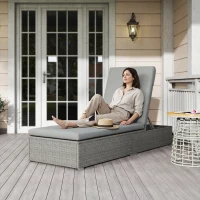 Outsunny Rattan Sun Lounger, Five-Position Reclining Garden Lounger Bed with Cushion, Light Grey(m-8)