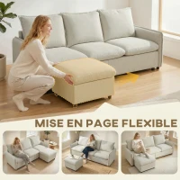 HOMCOM Canapé 3 places avec pouf de rangement, canapé d'angle modulable 212 cm, coussins à ressorts, tissu en lin, crème(m-5)