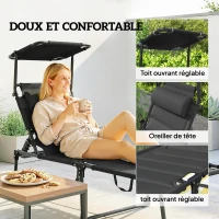 Outsunny Bain de soleil chaise longue pliante avec pare-soleil, appuie-tête inclinable en tissu Oxford 70 x 200 x 45 cm, noir(m-6)