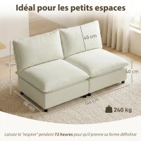 HOMCOM Sofá de 2 plazas modular, sofá de salón moderno 146 cm sin reposabrazos con asiento amplio, cojines gruesos, crema(m-3)