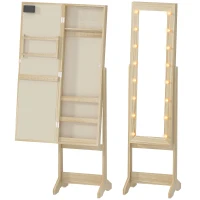 HOMCOM Miroir-aramoire à bijoux avec éclairage LED Armoire pour bijoux Armoire à bijoux sur pied avec miroir pleine longueur Angle réglable Bois naturel(m-7)