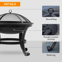 Outsunny Outdoor Fire Pit, Firepit with Mesh Lid, Poker, for Camping, Bonfire, Picnic, Black(m-6)