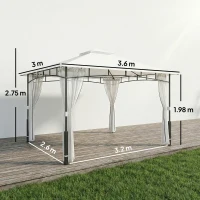 Outsunny Pavilion, 3x3,6 m rezistent la apă Stabil pavilion de grădină cu plasă anti-țânțari, acoperiș dublu, pentru grădină, terasă, Negru(m-3)