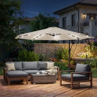 Outsunny 3 m Cantilever Parasol with Solar LED Lights Garden Umbrella with Cross Base, Cream White(m-2)