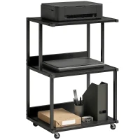 HOMCOM suporte para impressora 3 níveis com rodízios, mesinha industrial metálica para escritório, preto.(m-6)