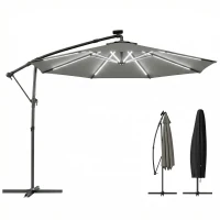 Outsunny 3 m Garden Cantilever Parasol with LED Solar Light, Round Overhanging Umbrella with 360° Rotation, Cover, Grey(m-10)