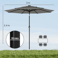 Outsunny Garden Parasol, Parasol Umbrella with 3-tier Roof, Crank Handle, Tilt Function, Polyester Canopy, Grey(m-3)
