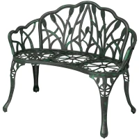 Outsunny Banc de grădină din aluminiu turnat, banc exterior 2 locuri cu spătar lalea, șezut floral, 99x57x78cm, vert antique(m-7)