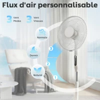 HOMCOM Ventilateur sur pied contrôlé par APP, ventilateur 45 cm avec télécommande, 3 vitesses, 3 modes, hauteur réglable, blanc(m-5)