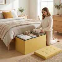 HOMCOM Pouf de Rangement, Banc de Rangement Pliable 84 L 76x38x38 cm Revêtu en Lin Synthétique Jaune(m-4)