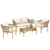Outsunny Conjunto de Jardim Exterior 4 Peças com Sofá 2 Poltronas Mesa Almofadas, Aço Resina Trançada, 120x72x73cm, Caqui(m-7)
