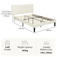 HOMCOM Telaio letto matrimoniale 140x190 cm con testiera regolabile e rete, crema(m-3)