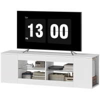 HOMCOM Support TV 140 cm, commode TV, 6 compartiments, 2 étagères en verre, panneau de particules, blanc