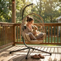 Outsunny Fauteuil Œuf Suspendu, Chaise Hamac Balançoire Intérieur et Extérieur, Panier Pliable, Coussin Rembourré, Kaki(m-8)