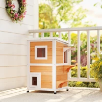 PawHut Maisonnette pour Chats en Bois Extérieure à 2 Niveaux avec Toit Rabattable Panneau Central Amovible 51x51x81,3 cm Naturel(m-4)