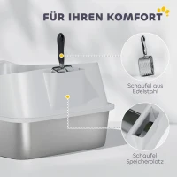 PawHut Bac à litière en acier inoxydable ouvert avec pelle, bord haut pour grands chats jusqu'à 7 kg, 60,2 x 40,2 x 29,7 cm, Gris(m-4)