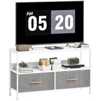 HOMCOM Mobile TV con ripiano e 2 cassetti in tessuto pieghevoli, 98x29x56 cm, Bianco e grigio(m-7)