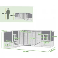 PawHut Poulailler en L en bois avec 2 maisons, 2 niveaux, enclos, rampe, 251 x 192 x 103 cm gris(m-3)