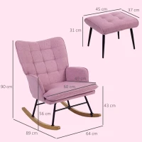 HOMCOM Poltrona a Dondolo con Cuscino Imbottito e Poggiapiedi, Braccioli e Schienale Alto, Gambe in Legno e Portata 130 kg, 64x89x90 cm, Rosa(m-3)