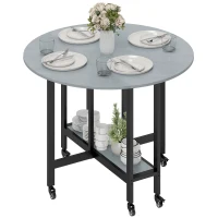HOMCOM Masă de Dining Pliantă cu Roți și Raft Deschis Masă de Bucătărie pentru Spații Mici Gri Ciment(m-6)