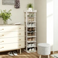 HOMCOM Estante para Sapatos 9 Níveis Organizador de Sapatos em Madeira com Bandeja Superior e 2 Ganchos, para Entrada, Branco(m-4)