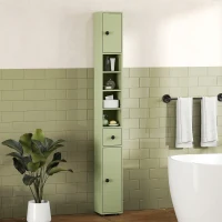 kleankin Stauraumsäule Hochschrank für Badezimmer 1 Schublade 4 höhenverstellbare Einlegeböden und 2 Schränke 20 x 20 x 180 cm Grün(m-6)