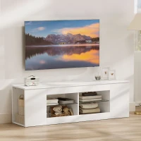 HOMCOM Support TV 140 cm, commode TV, 6 compartiments, 2 étagères en verre, panneau de particules, blanc(m-4)